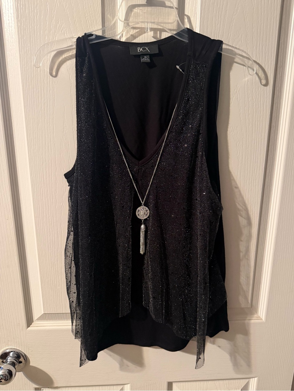 BCX Black Sparkle Layered V-Neck Tank with Sheer Overlay